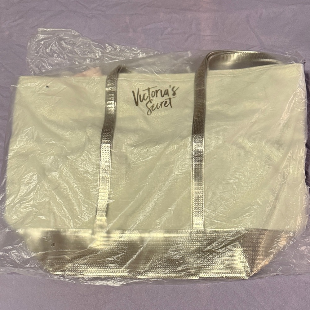 Victoria's Secret Metallic Silver and White Tote